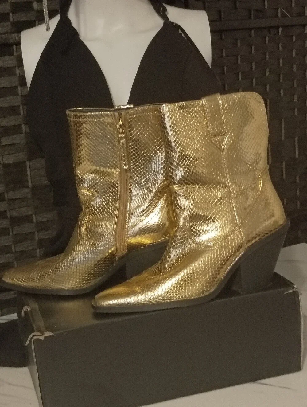Gold Metallic Snakeskin-Texture Women's Ankle Boots
